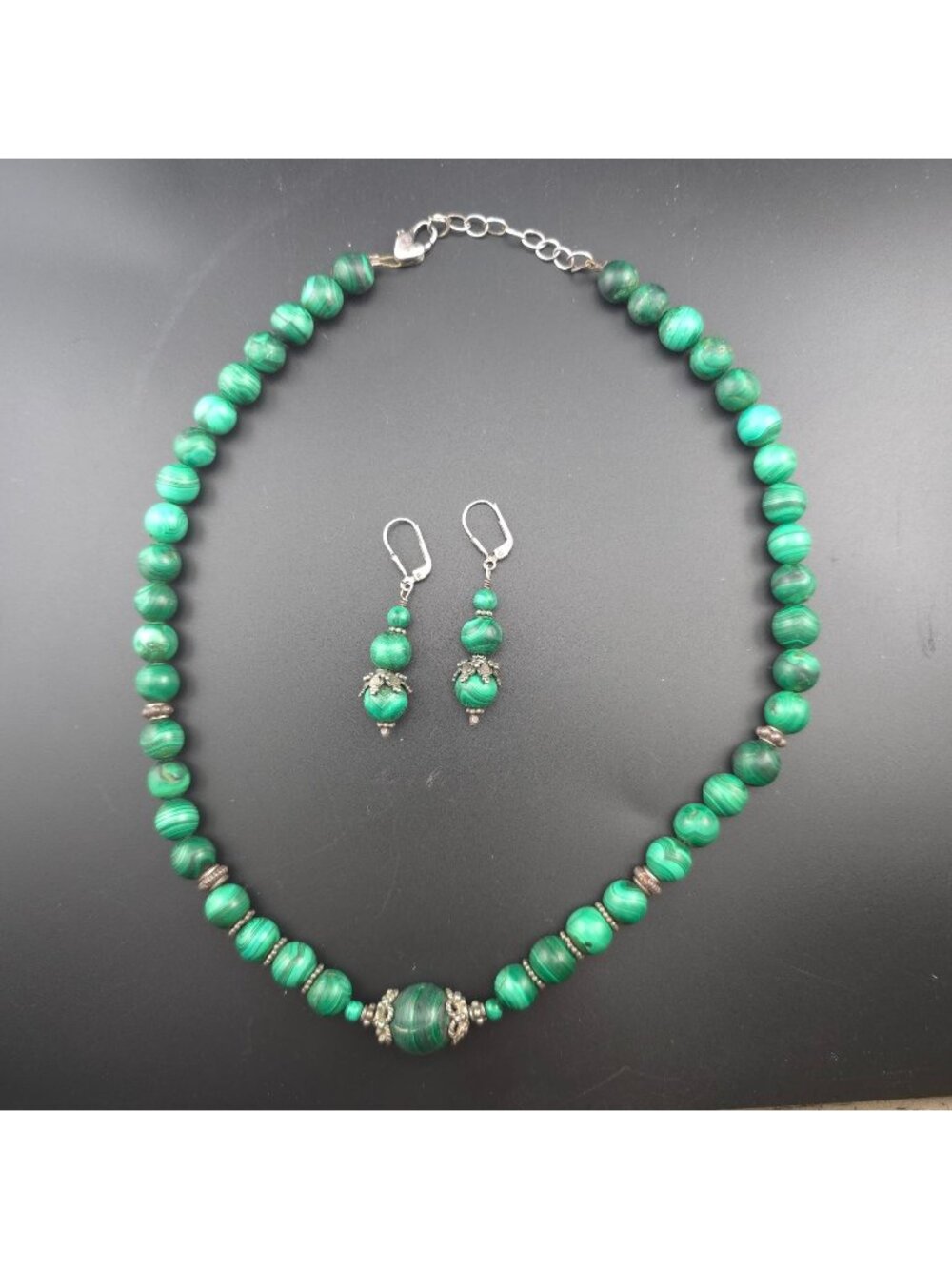Vintage Malachite Beaded Necklace Earrings Set Sterling Silver 19 inches - Picture 1 of 8